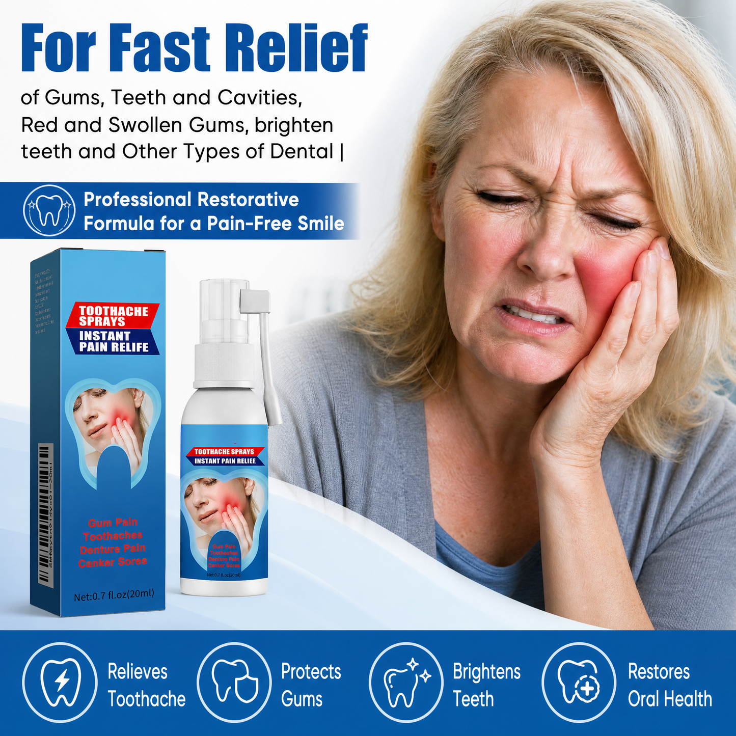 Fast-Acting Tooth Pain Relief Oral Care Spray | Instant Sore Gum & Toothache Relief